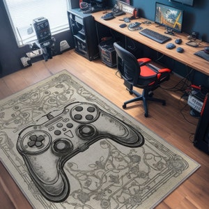 Art Deco Gaming Room Rug With A Gamepad Figure And Beige Color, Gift For Gamer Girlfirend, Gamer Boyfirend Gift, Gamer Gift Home Decor Rug