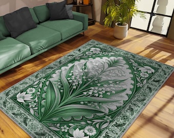 Green Lily of the Valley Rug, Art Nouveau Botanical Carpet, Washable Area Rug, Cottagecore Floral Decor, Sage Green Vintage Room Accent