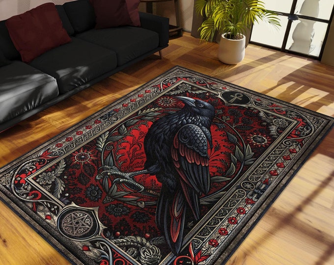 Gothic Raven Rug, Gothic Home Decor, Goth Crow Rug With Ankh Pentagram ...