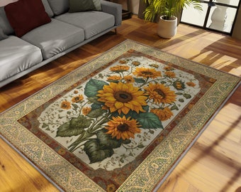 Sonnenblumenteppich, Sonnenblumen-Küchendekor, Vintage-Teppich mit warmen Farben für Herbstküche, Schlafzimmer und Wohnzimmerdekor, bunte Blumenteppiche