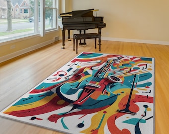 Pop Art Abstract Guitar And  Sax Rug, Colorful Music Room Decor, Music Themed rug, Guitarist Gift, Band Gift, Music Studio Decor, Music Rug