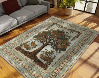 Rustic Oak Tree Rug For Fall Home Decor, Colorful Art Deco Oriental Vintage Look Printed Thin Rug, Original Design Rug For Unique Home Decor