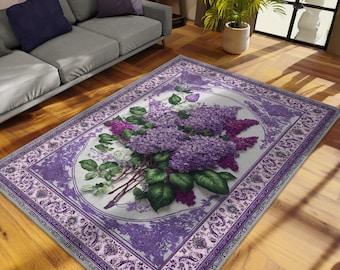 Flieder Blumenteppich - Vintage Botanischer Lila Teppich, Waschbarer Teppich für Wohnzimmer, Schlafzimmer, Wohnzimmer