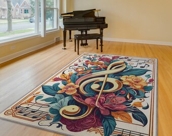 Art Deco Music Rug, Note In Flowers, Music Home Decor, Treble Clef Flower Pattern Rug, Musician Gift, Music Lover Gift, Music Teacher Gift