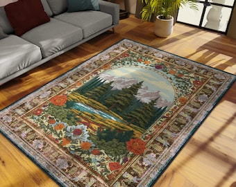 Colorado Fichtenteppich, Waschbarer Vintage Teppich, Winter Wohnkultur, Gemütlicher Teppich, Baumteppich, Naturteppich mit Bergblick, Teppich Für Schlafzimmer Ästhetik