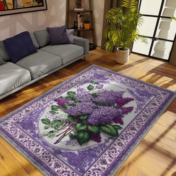Jeté de fleurs lilas, tapis en coton tissu imprimé lilas, décoration de mariage lilas, tapis de cuisine lilas, tapis de salle de bain lilas, tapis persan violet