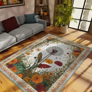 Dandelion Rug, Rustic Chic Decor, Cozy Home Decor, Flower Rug, Boho Rug, Warm Living Room Decor, Colorful Floral Rug, Nature Inspired Decor
