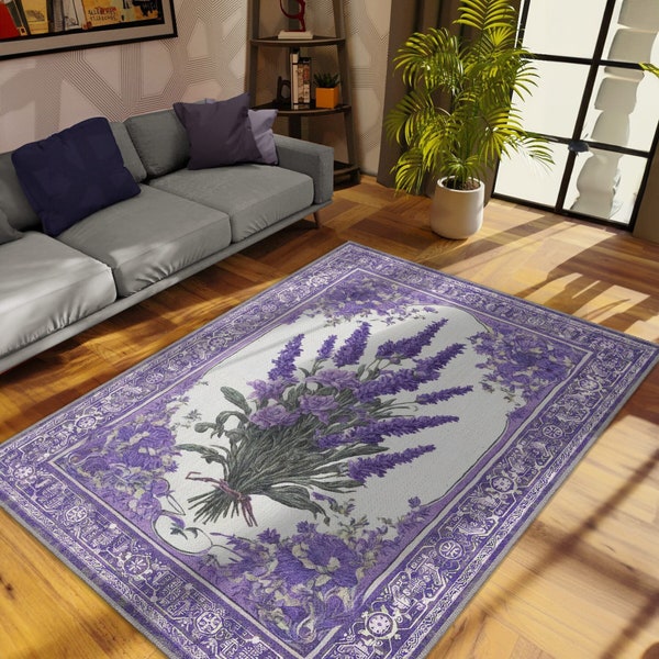 Lavender Rug, Flower Rug, Purple Rug, Floral Kitchen Decor,  Dried Lavender Bouquet Decor, Violet Living Room Rug, Bordered Vintage Rug