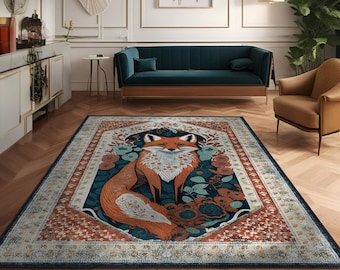 Fuchs Teppich, Bauernhaus Dekor, Wohnzimmer Teppich, Fuchs Wohnkultur, Floral Vintage Teppich, Perserteppich, Teppich für Schlafzimmer Ästhetik, Weihnachtsteppich