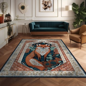 Fox Rug, Farmhouse Decor, Living Room Rug, Fox Home Decor, Floral Vintage Rug,Persian Bordered Rug, Rug For Bedroom Aesthetics,Christmas Rug