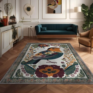 Art Deco Bird Rug, Bird and Flowers Vintage Rug, Floral Persian Rug, Rug For Bedroom Aesthetic, Unique Living Room Rug, Maximalist Decor