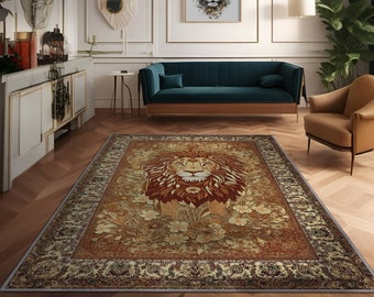 Alfombra rústica Art Déco con diseño de león, alfombra con un león majestuoso entre las flores, decoración bohemia con diseño de león para habitación infantil, decoración de habitación con león, alfombra persa con diseño de animal, decoración maximalista
