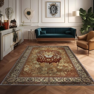 Art Deco Rustic Lion Rug, Magestic Lion In The Flowers Rug, Boho Lion Decor Nursery, Lion Room Decor, Persian Animal Rug, Maximalist Decor