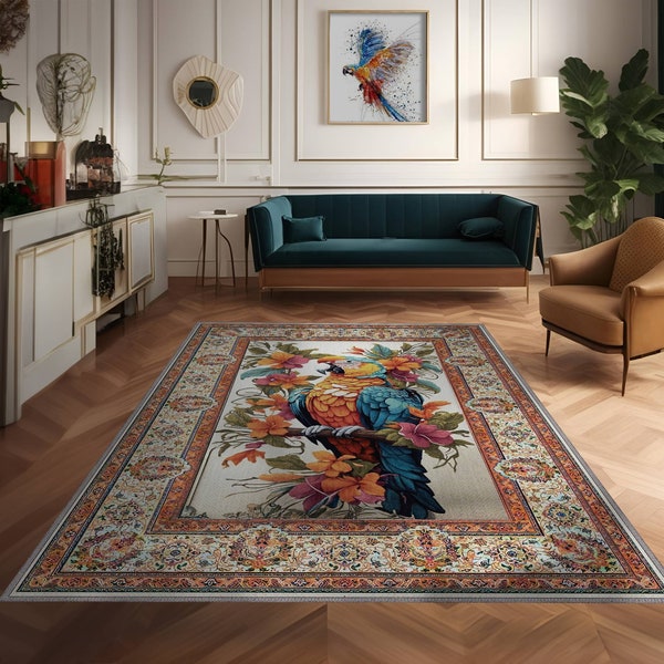Art deco Rustic Parrot Rug With Persian Style Rug Border, Colorful Home Decor Rug, Printed Colorful Animal Rug With Flowers, Rug For Nursery