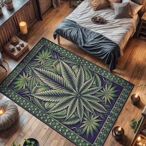 Puede incluir: Una alfombra rectangular con un gran diseño de hoja de cannabis en tonos verdes y morados. La alfombra está colocada sobre un suelo de madera en un dormitorio, rodeada de plantas y muebles. El diseño de la alfombra es detallado e intrincado.