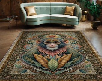 Washable Rug For Living Room With Monkey Art, Very High Quality Printed Rug Looks Like A Persian Rug For Whimsical Decor, Artistic Rug Cool