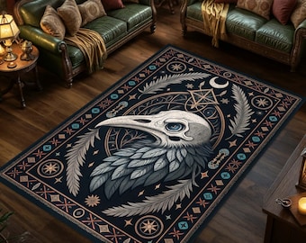 Raven Skull Rug For Gothic Decor, Occult Rug, Witchy Decor, Whimsigoth Decor, Gothic Rug, Dark Academia Rug, Mystic Crow Decor, Cool Rugs