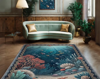 Tappeto sotto il mare – Tappeto lavabile a tema oceano con barriera corallina e pesci, decorazione per casa sulla spiaggia, decorazione per acquario