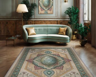 Teal Turkish Rug With Emerald Labradorite Design  – Mystical Jewel-Inspired Washable Carpet, Boho Mandala Pattern, Spiritual Home Decor