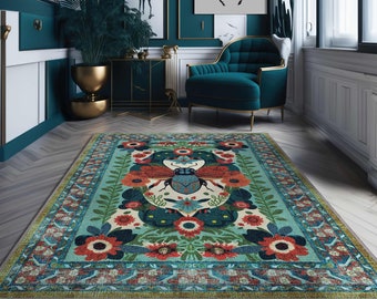Art Deco House Fly Rug, Bug and Flowers Vintage Rug, Unique Rug For Bedroom Aesthetic, Cool Living Room Rug, Maximalist Decor, Area rug 4x6