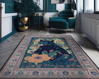 May include: A teal area rug featuring a stylized panther surrounded by flowers. The rug has a detailed border with floral patterns in shades of blue, beige, and brown. The panther is depicted in dark blue with floral accents.
