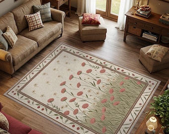 Wildflower Meadow Rug, Cottagecore Floral Carpet, Washable Area Rug, Rustic Country Decor, Spring Botanical Mat, Pink and Green Room Accent
