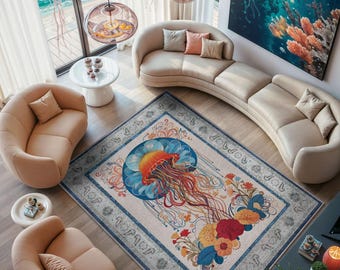 May include: A large area rug featuring a vibrant jellyfish design with a blue, orange, and red color palette. The rug has a rectangular shape with a decorative border and is placed in a living room setting with beige furniture.