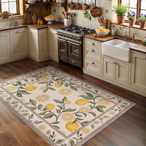 Lemon Kitchen Rug, Amalfi Decor Citrus Fruit Area Carpet, Italian Lemon Decor Rug, Farmhouse Kitchen Mat, Fresh Botanical Home Decor