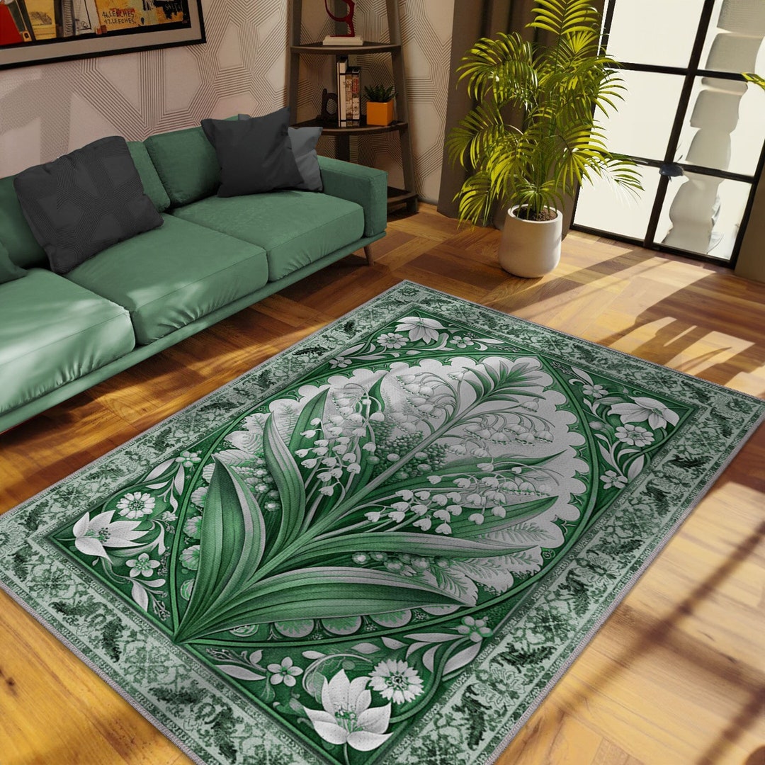 Lily Rug Lily of the Valley Rug for Cottagecore Decor, Green Flower Rug ...