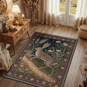 Rustic Bunny Rug – Whimsical Fairycore Room Decor, Boho Animal Cottagecore Rug, Woodland Themed Washable Carpet