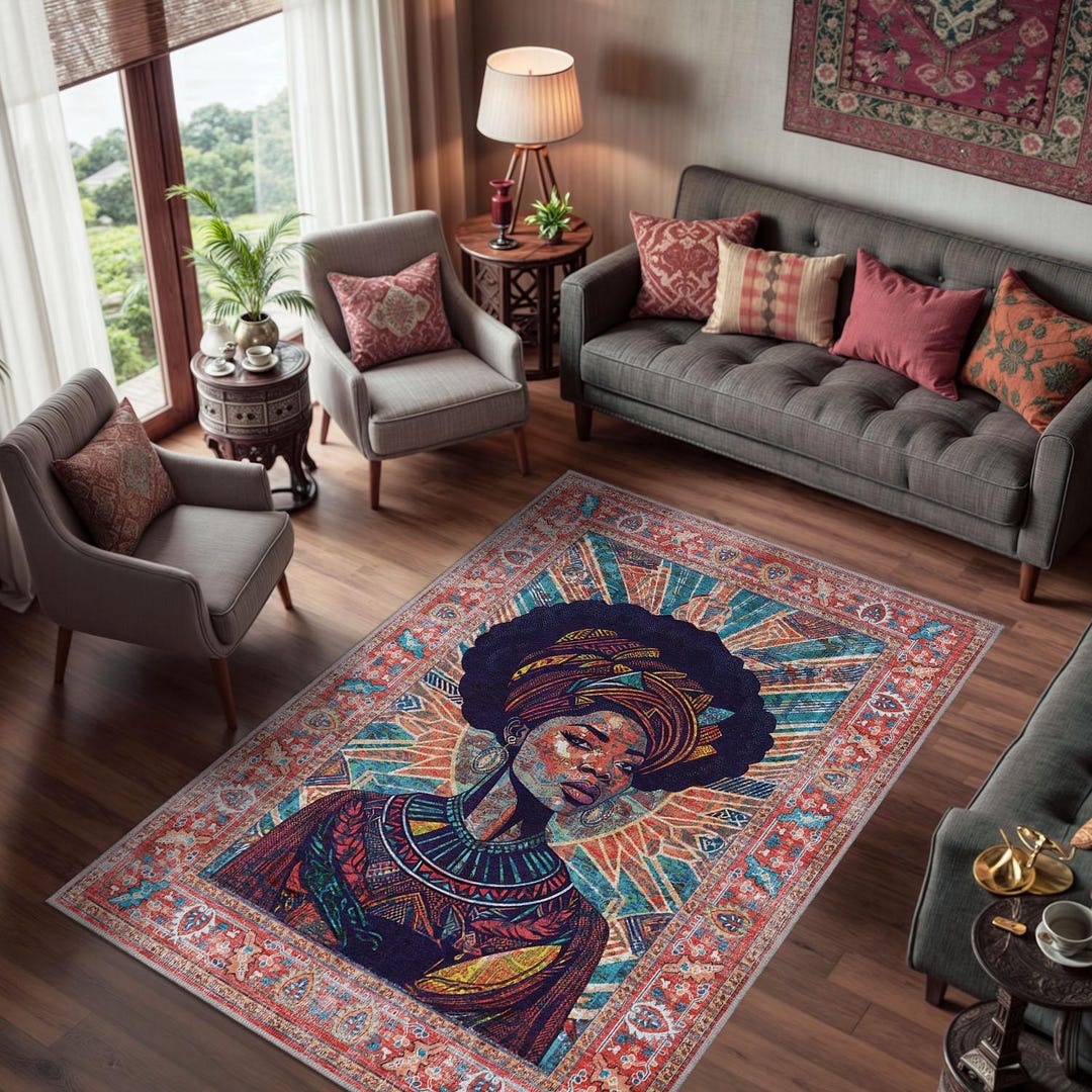 Pop Art Oriental Rug With African Woman Art, Ethnic Rug for Afro ...