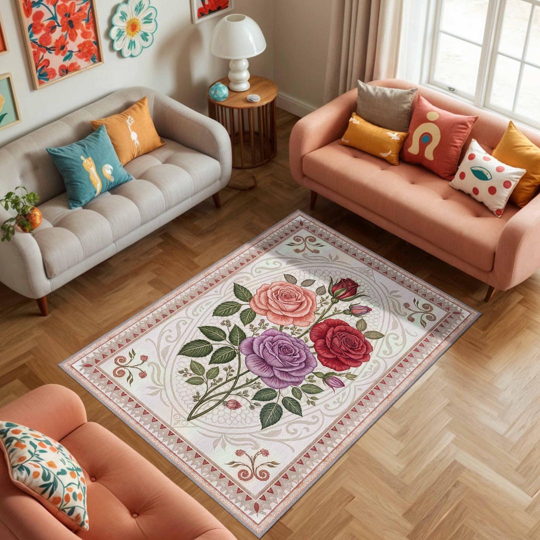 Classic Rose Rug Vintage Rose Rug for Cottagecore Decor, Washable Rug for Living Room ...