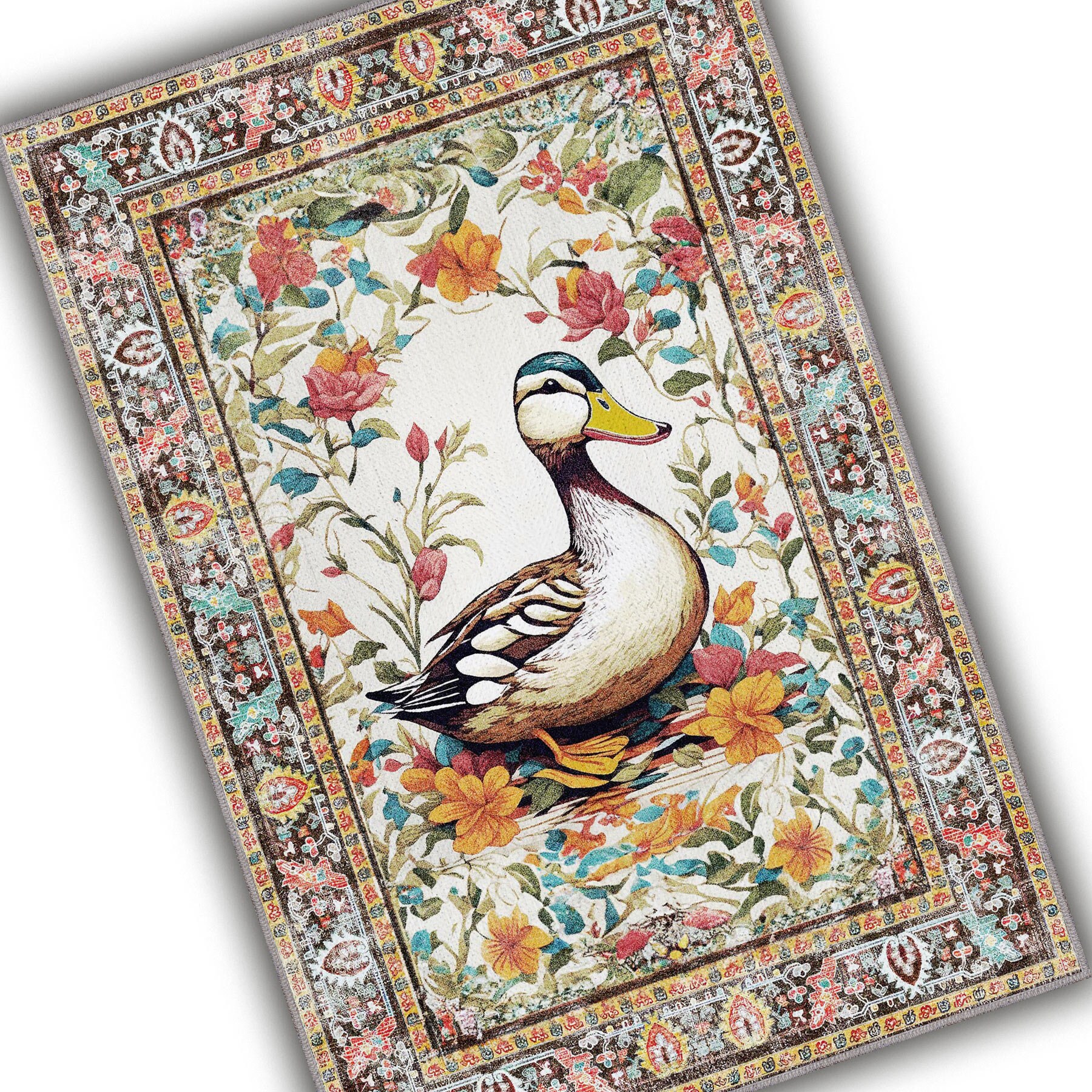 Duck Rug – Vintage Farmhouse Bird Area Rug With Floral Border, Washable ...
