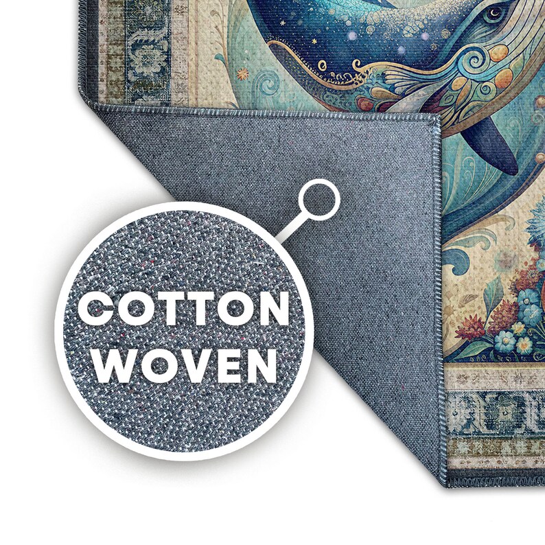 May include: A cotton woven rug with a detailed illustration of a whale in shades of blue, teal, and gold. The rug features floral and ornamental patterns, with the text "COTTON WOVEN" in a circular inset.