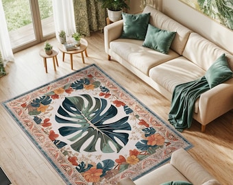 Monstera Leaf Rug – Tropical Botanical Washable Rug for Living Room Decor, Boho Jungle Style Area Carpet