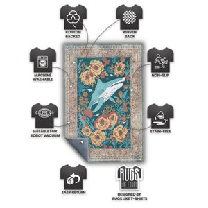 Pu&ograve; includere: Tappeto rettangolare con sfondo turchese, con design a squalo e floreale. Il tappeto &egrave; lavabile in lavatrice, con retro in cotone, tessuto, antiscivolo e antimacchia. Progettato da Rugs Like T-Shirts.
