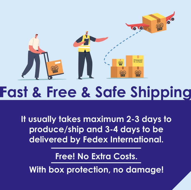 Puede incluir: Ilustraci&oacute;n del proceso de env&iacute;o con cajas, un avi&oacute;n y personas. El texto dice "Fast & Free & Safe Shipping". El texto adicional indica que la producci&oacute;n/env&iacute;o tarda de 2 a 3 d&iacute;as y la entrega de 3 a 4 d&iacute;as. La imagen tambi&eacute;n dice "Free! No Extra Costs."