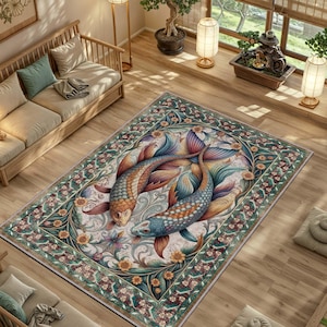 Tappeto con pesci koi, decorazione Yin Yang, tappeto lavabile, tappeto botanico vintage, tappeto cineseria massimalista, decorazione per la stanza verde acqua e arancione, acquatico