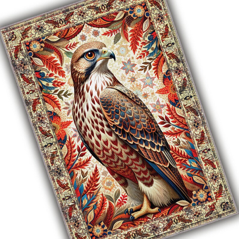 May include: A decorative rectangular rug featuring a detailed illustration of a hawk. The hawk has brown, white, and blue feathers, with a yellow beak and eye. The rug has a floral border with red, orange, and blue leaves and flowers.
