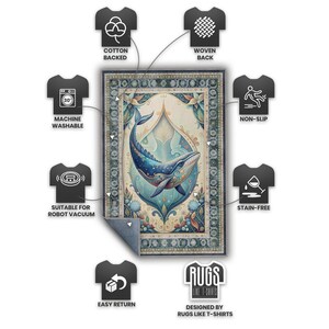 May include: A rectangular rug with a whale design in shades of blue, cream, and teal. The rug has a floral border and is labeled as cotton-backed, woven, machine washable, non-slip, stain-free, and suitable for robot vacuums. The rug is designed by Rugs Like T-shirts.