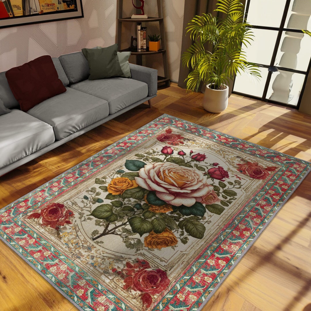 Rose Rug, Floral Rug for Romantic Cottagecore Room Decor, Vintage Style ...