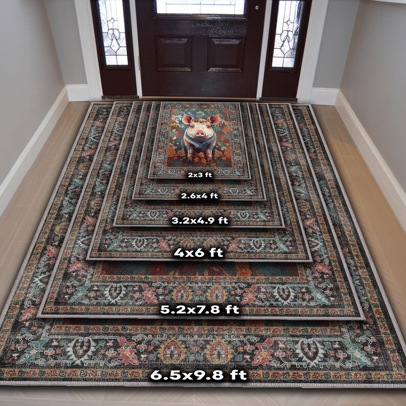May include: A stack of decorative rugs in various sizes, featuring a pig illustration. Sizes include 2x3 ft, 2.6x4 ft, 3.2x4.9 ft, 4x6 ft, 5.2x7.8 ft, and 6.5x9.8 ft. The rugs have a dark, ornate border design with a central pig image.