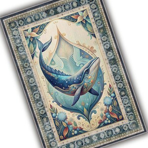 May include: A rectangular rug with a detailed border in shades of blue, beige, and teal. The central design features a blue whale with intricate patterns, surrounded by floral and water-themed elements. The rug has a vintage, artistic style.