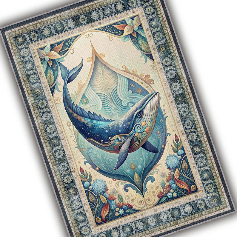 May include: A rectangular rug with a detailed border in shades of blue, beige, and teal. The central design features a blue whale with intricate patterns, surrounded by floral and water-themed elements. The rug has a vintage, artistic style.