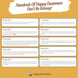 May include: A customer review graphic with the text "Hundreds Of Happy Customers Can't Be Wrong!" and multiple customer testimonials with star ratings. The reviews praise the rugs' quality, design, and customer service.