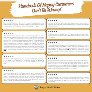 May include: Image features a graphic with customer reviews for rugs. The text reads "Hundreds Of Happy Customers Can't Be Wrong!" with multiple five-star reviews praising the rug's quality, design, and customer service. The brand logo is at the bottom.