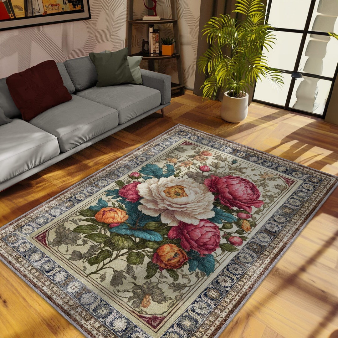 Vintage Look Peony Printed Flower Rug, Colorful Rug, Rustic Home Decor ...