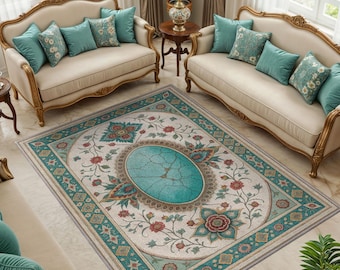 Turquoise Gemstone Rug, Teal Modern Kilim Rug, Washable Vintage Rug, Aesthetic Home Decor, Boho Rug For Living Room, Washable Oriental Rug
