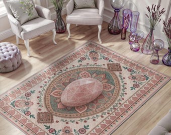 Pink Gemstone Boho Chic Rug – Crystal Inspired Girly Cute Room Decor