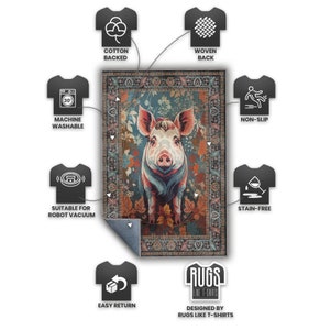 May include: A rectangular rug with a pig illustration. The rug features a teal background with floral and leaf accents. The pig has a pink face and ears, with a blue and red scarf. The rug is cotton-backed, woven, machine washable, non-slip, stain-free, and suitable for robot vacuums.